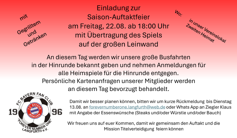 Einladung zur Saison-Auftaktfeier am Freitag, 22.08. ab 18:00 Uhr mit Übertragung des Spiels auf der großen Leinwand